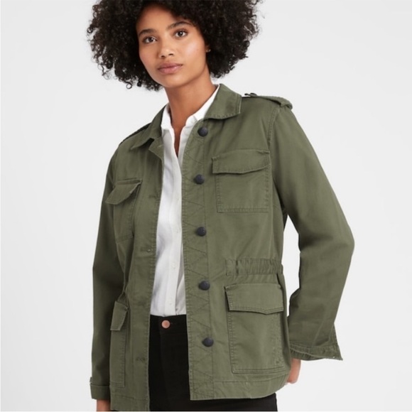BANANA REPUBLIC Twill Utility Military Jacket Khaki Tan Womens Sz L NEW - Picture 13 of 16